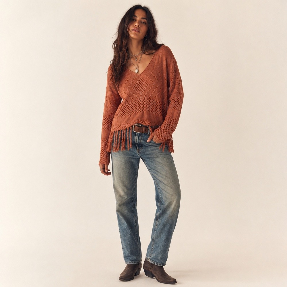 Easel Rust Cotton Crochet Fringe Sweater SM Boho Western Festival V-Neck Knit